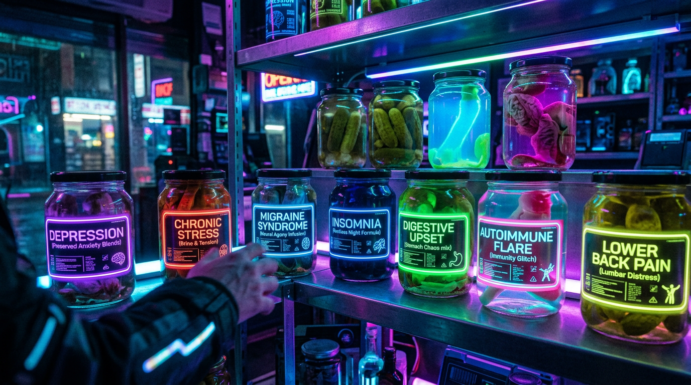 Jars labeled with different ailments including depression, chronic stress, migraine syndrome, insomnia, digestive upset, autoimmune flare, and lower back pain