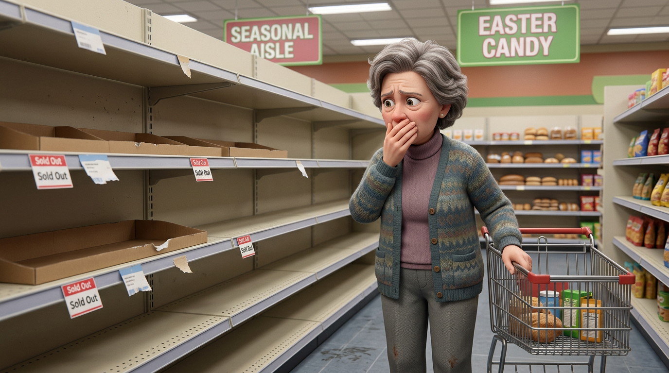 Elderly woman covering mouth looking worried at empty grocery store shelves labeled Seasonal Aisle and Easter Candy.