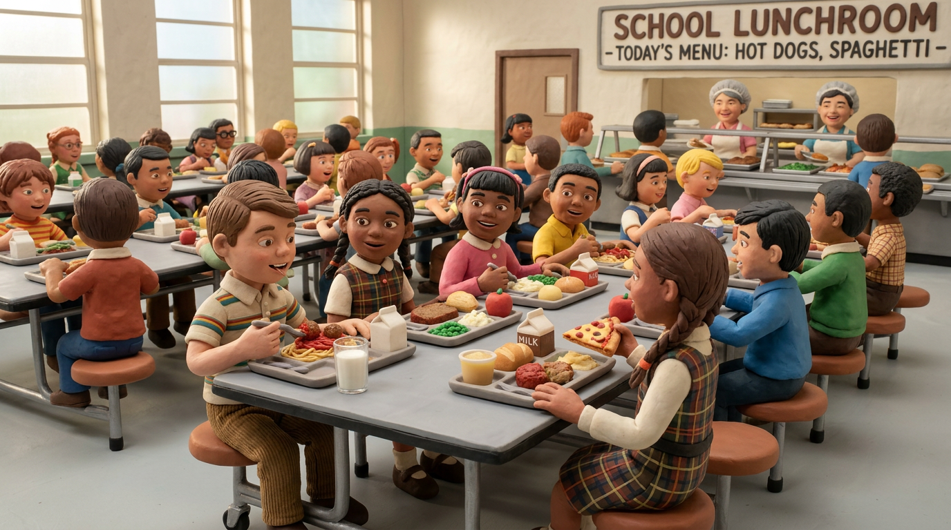 Children eating lunch at cafeteria tables with trays, milk cartons, and food