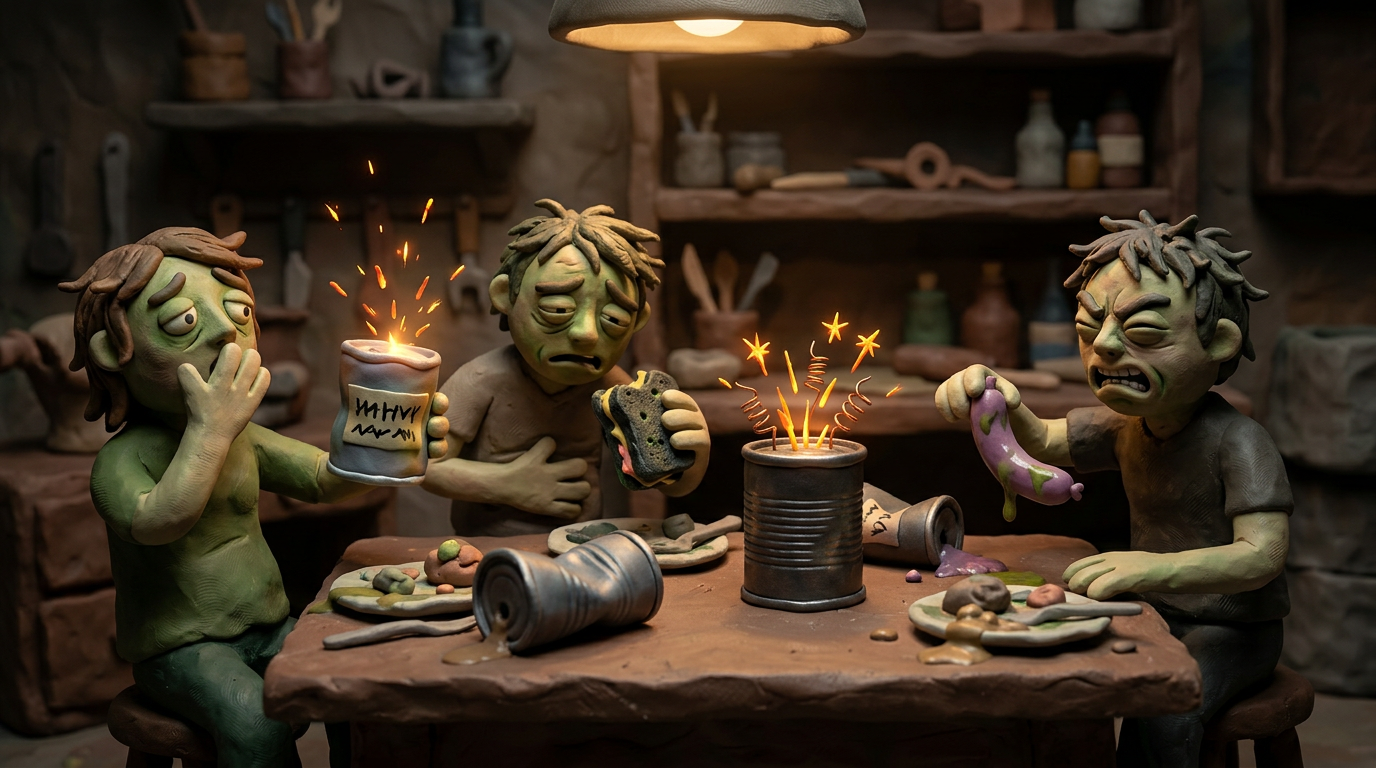 Three clay characters at a table with bad food and a sparking can in the center