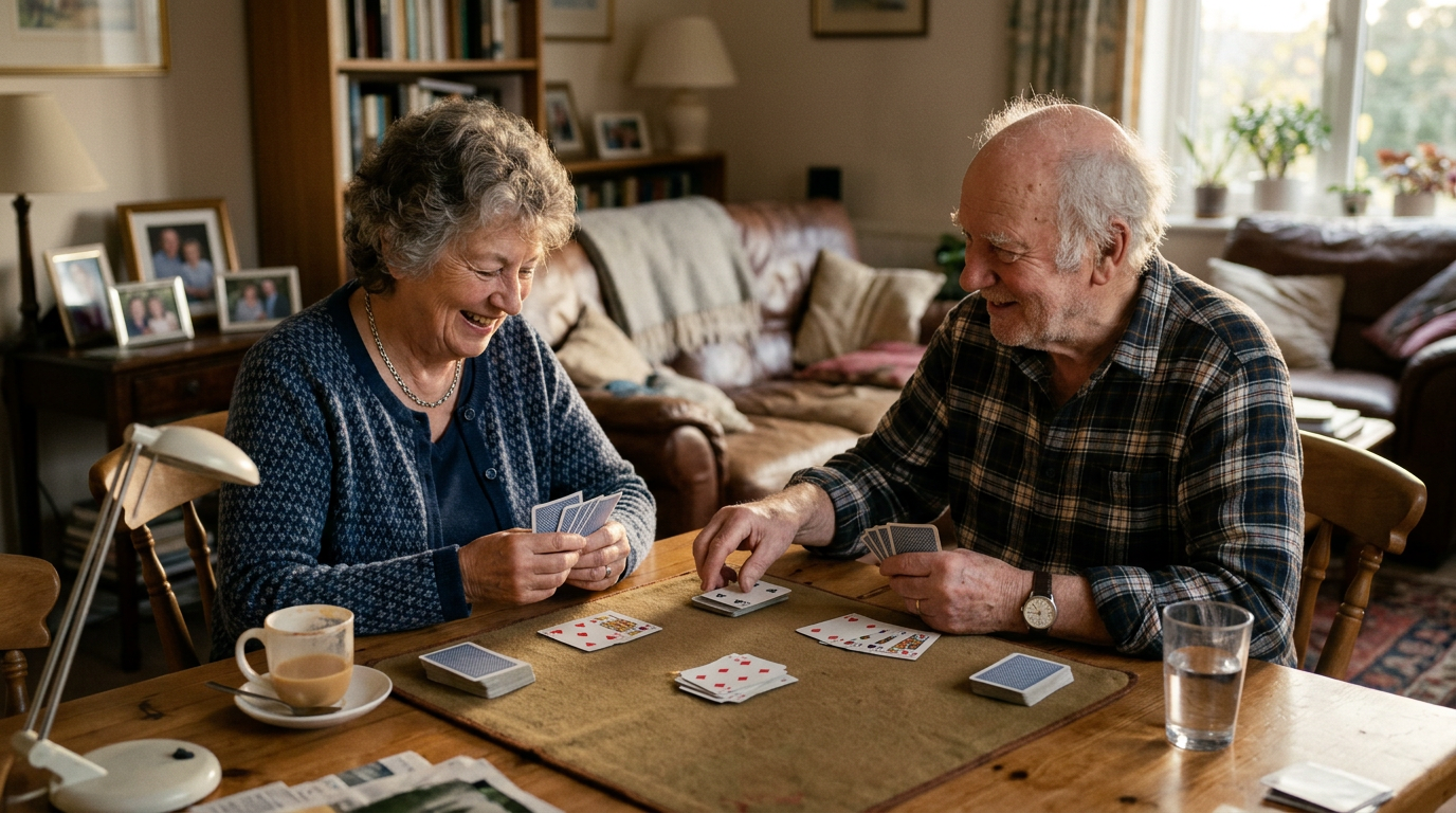 Elderly man and woman playing cards at a wooden table in a cozy living room