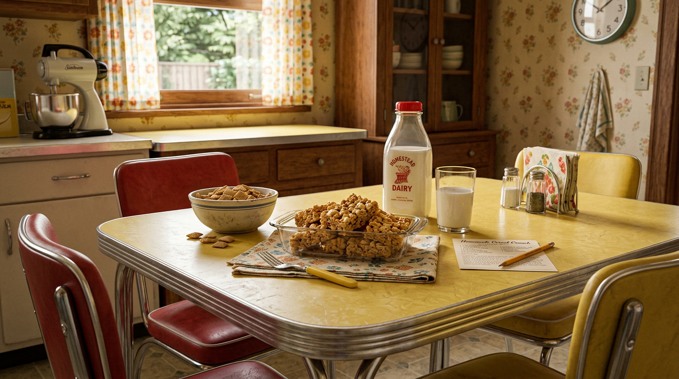 Kitchen table with bowl of cereal, tray of cereal clusters, bottle and glass of milk, recipe card, and utensils