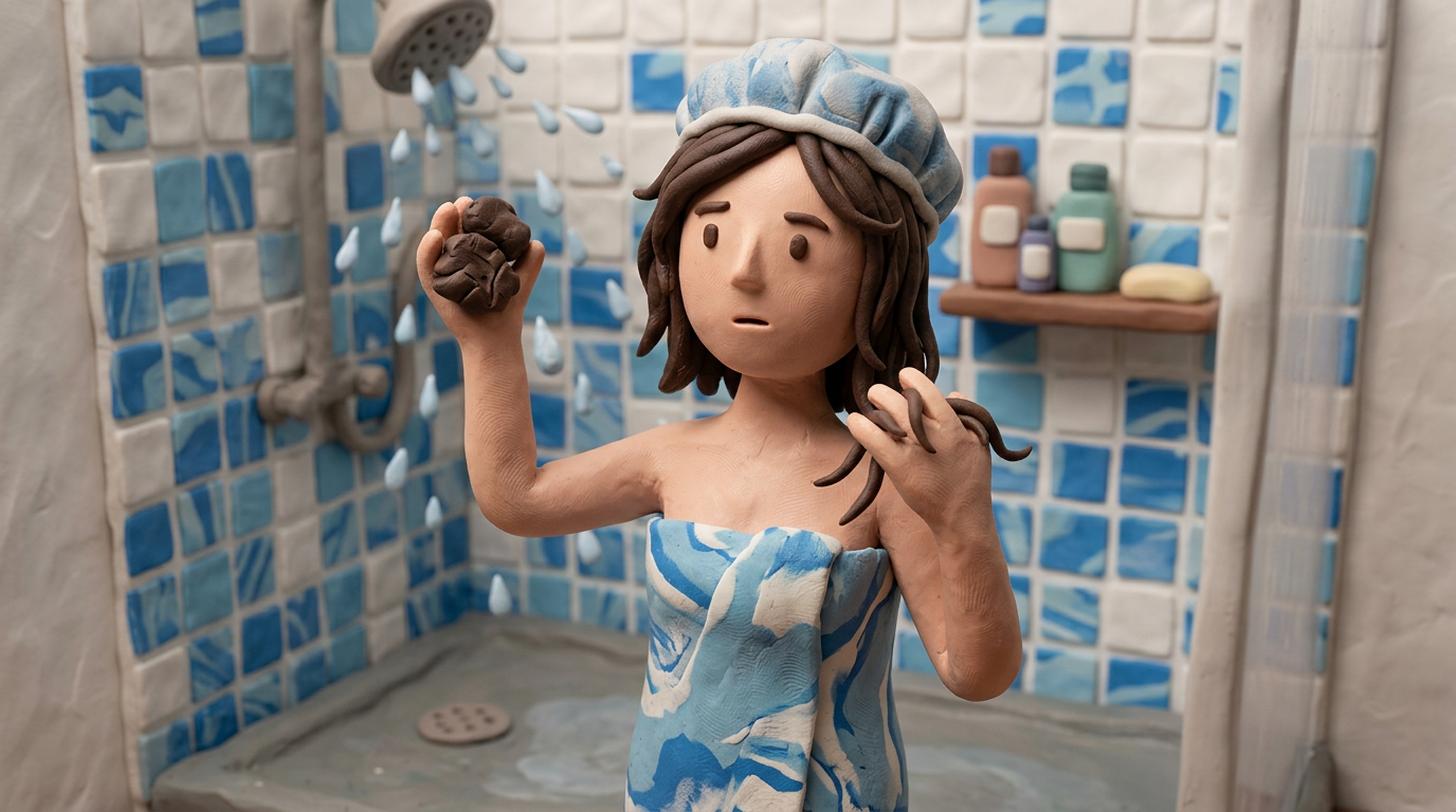 Clay figure wrapped in towel and shower cap holding a clump of tangled hair in a blue tiled shower