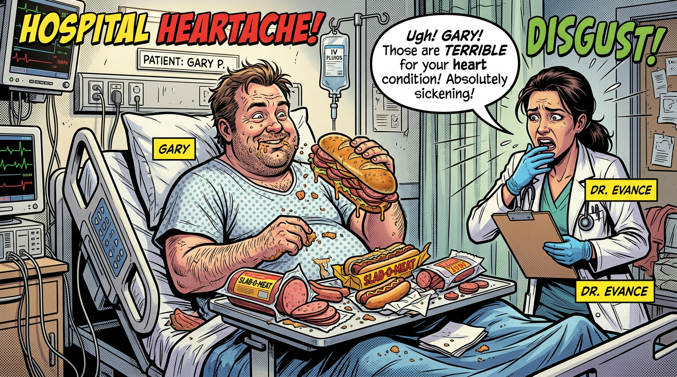 Hospital patient Gary eating a large sandwich with processed meats while a disgusted doctor warns about heart condition