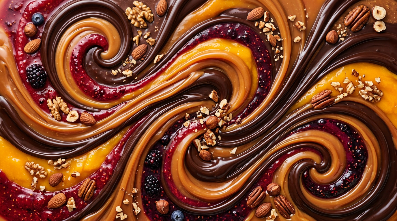 Swirling chocolate, caramel, red and yellow fruit spreads with assorted nuts