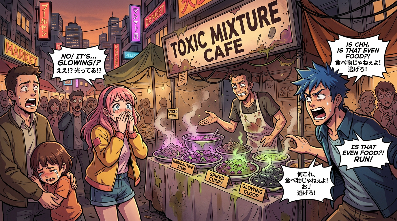 Crowd reacting with fear to glowing, toxic food at a market stall called Toxic Mixture Cafe