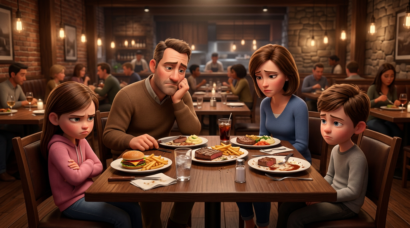 Parents and two children looking sad during dinner at a restaurant