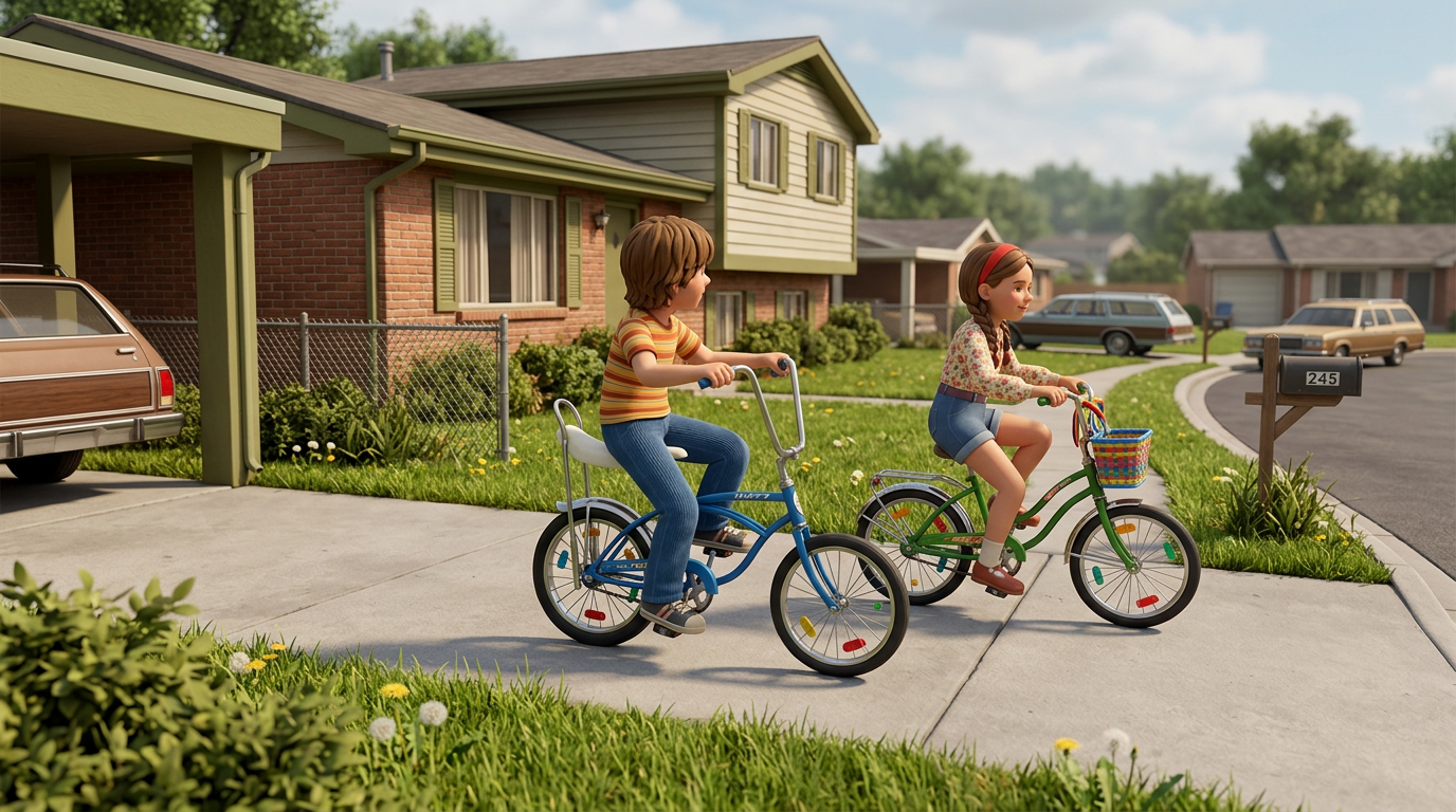 Two children riding bicycles on a suburban sidewalk with houses and cars in the background