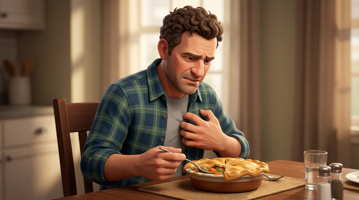 Man holding chest looking concerned with a pot pie in front of him at a dining table