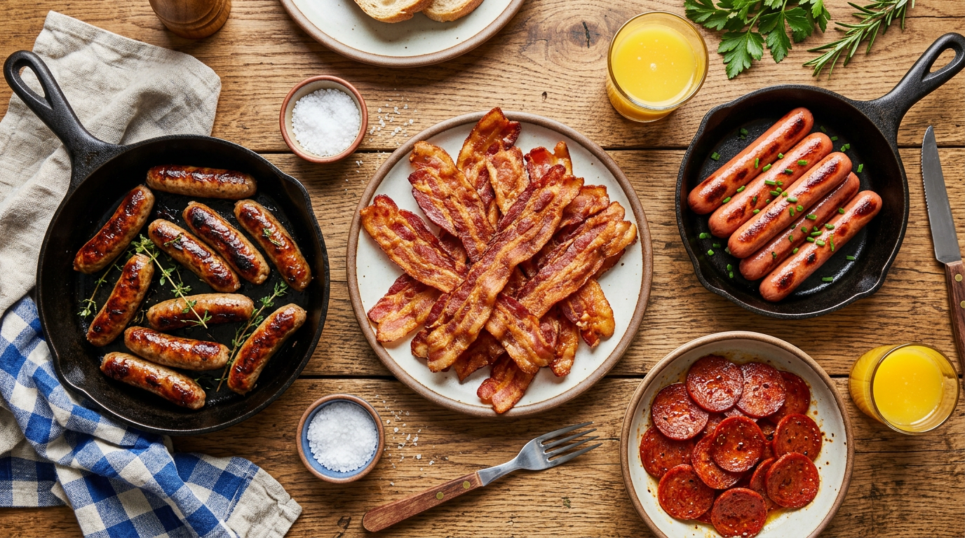 Plates and pans with cooked breakfast sausages, crispy bacon strips, pepperoni slices, and glasses of orange juice on a wooden table.