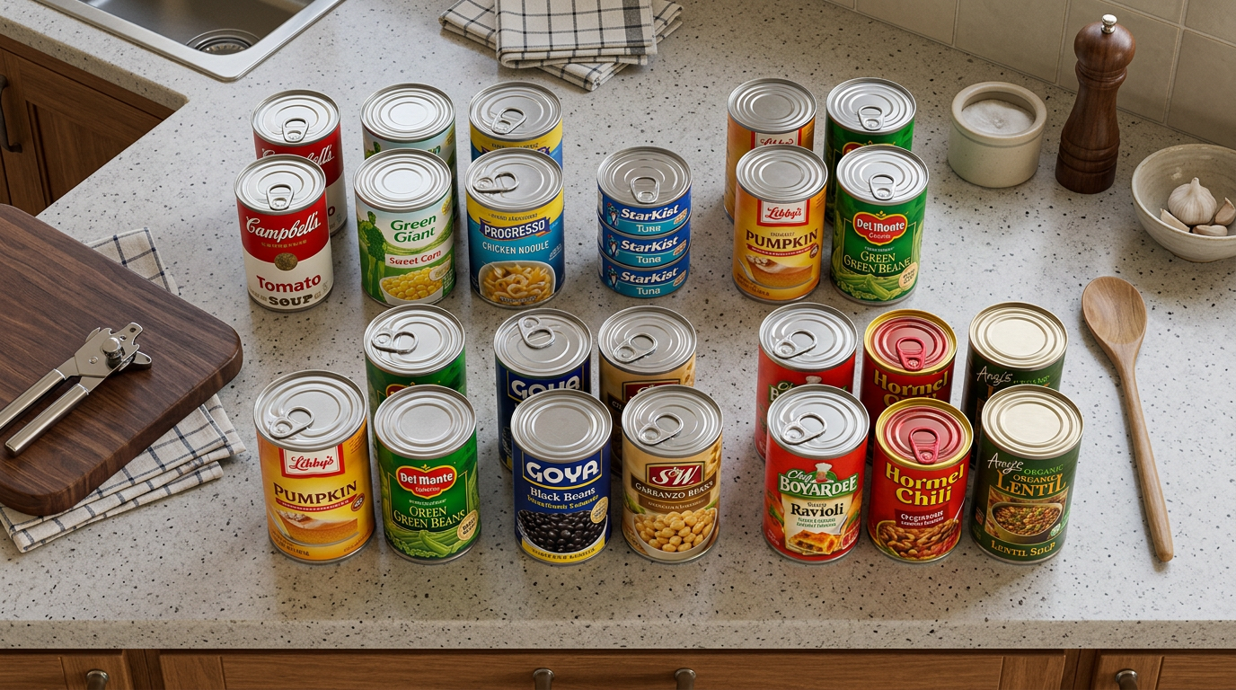 Assorted canned foods including soup, vegetables, tuna, beans, ravioli, and chili on a kitchen counter