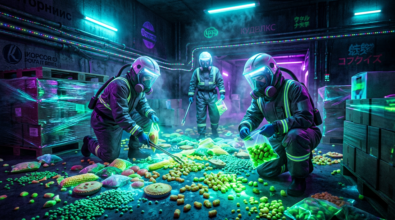 Three people in hazmat suits collecting glowing samples on the floor in a neon-lit storage area