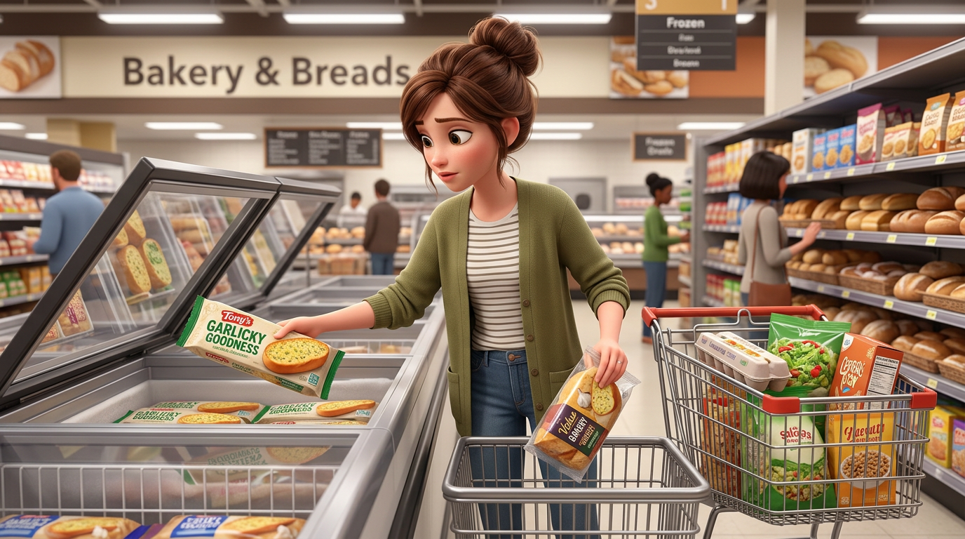 Woman selecting frozen bread products in grocery store bakery section