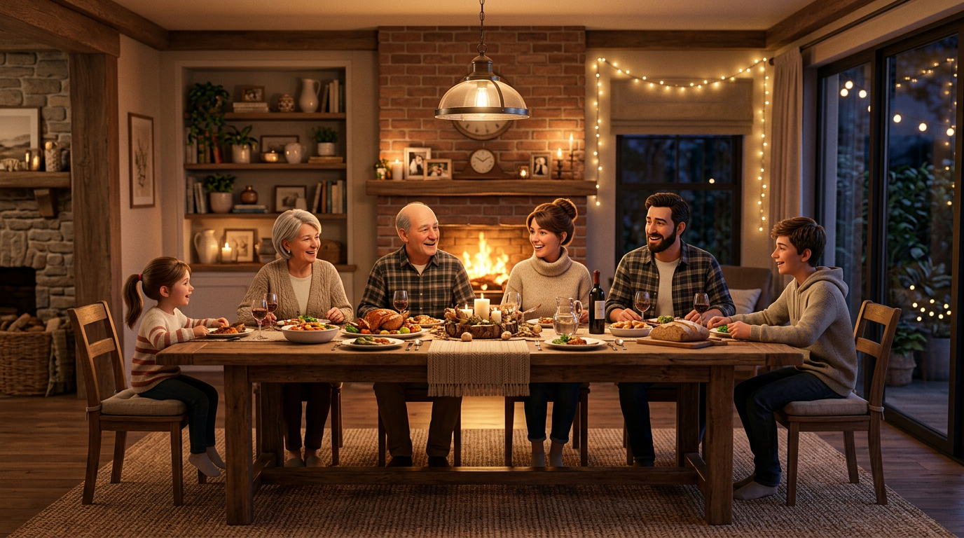 Six family members sitting around a dinner table with food and drinks near a fireplace