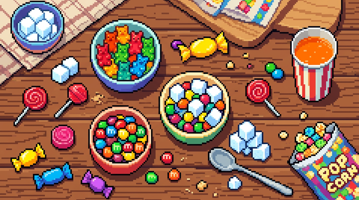 Pixel art display of bowls with gummy bears, M&Ms, marshmallows, lollipops, wrapped candies, popcorn, and a soft drink on a wooden table.
