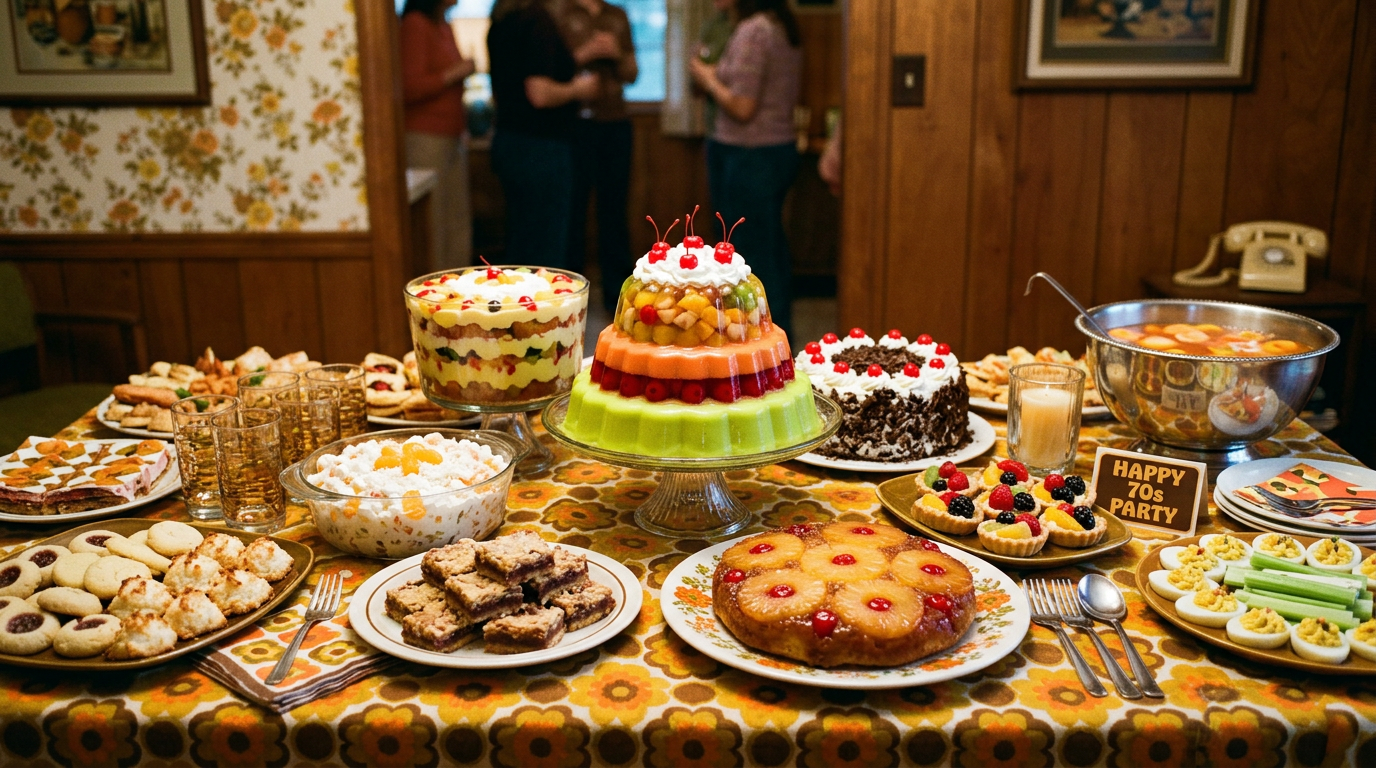 Table with 1970s style desserts including Jello mold, fruit cake, cookies, and punch bowl