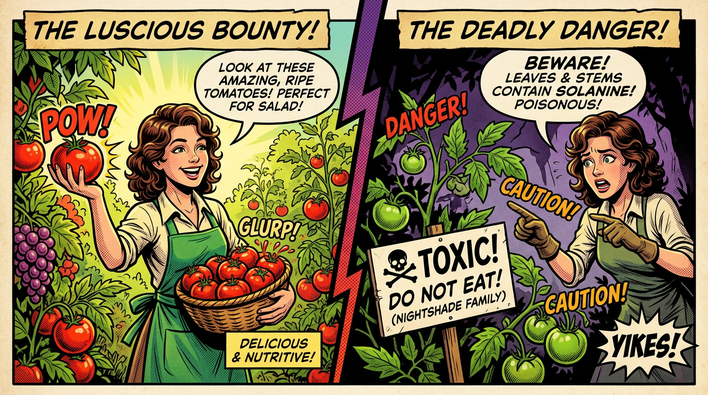 Woman holding basket of ripe tomatoes beside toxic nightshade tomato plant warning