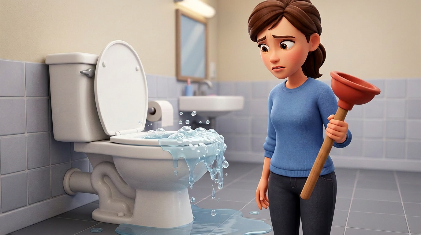 Woman holding plunger looking worried at overflowing toilet with water spilling onto bathroom floor