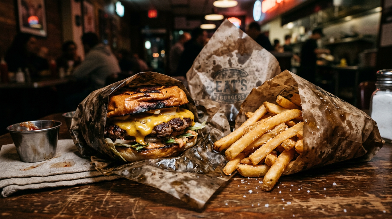 Cheeseburger with melted cheddar cheese and fries on a wooden table
