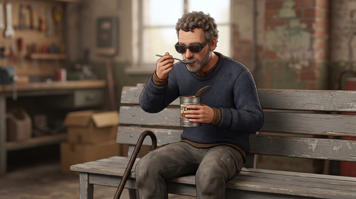 Man sitting on wooden bench eating canned stew with spoon inside a workshop