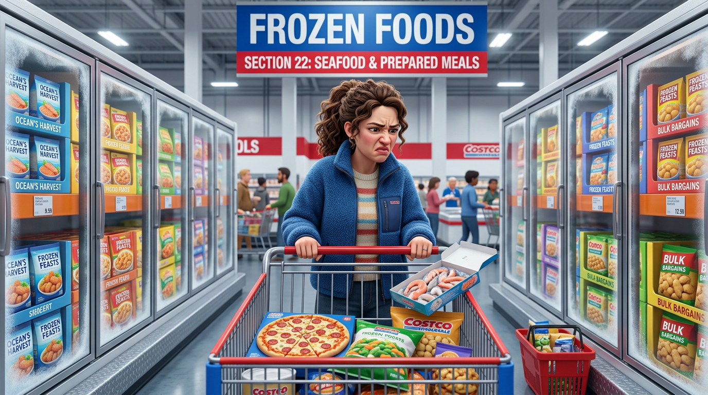 Shopper with furrowed brow holding frozen shrimp box in a grocery cart filled with frozen foods